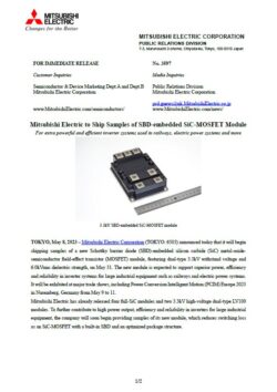 Mitsubishi Electric to Ship Samples of SBD-embedded SiC-MOSFET Module
